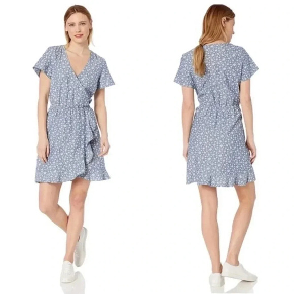 J CREW | Chambray Floral Print Faux-Wrap Ruffle 100% Cotton Dress Size XS - Picture 1 of 9